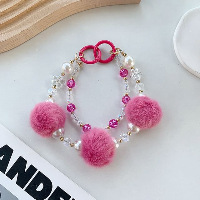 Layered Faux Pom Strap Phone Pearl