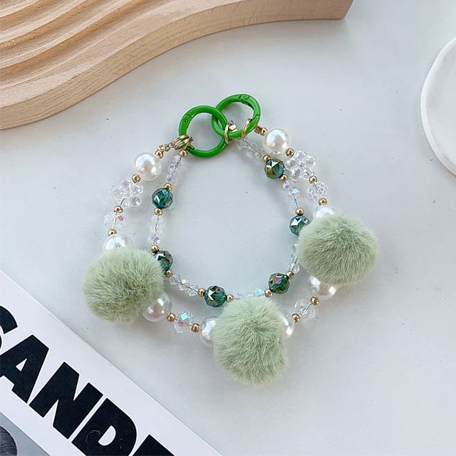 Layered Faux Pom Strap Phone Pearl