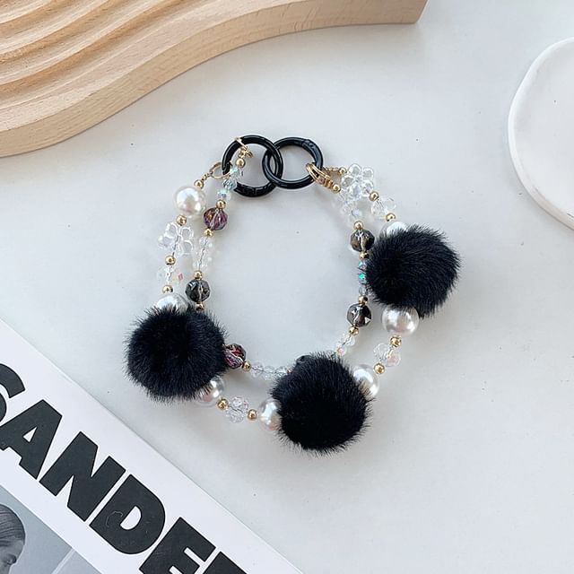 Layered Faux Pom Strap Phone Pearl