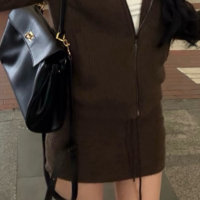 Drawstring Trim Skirt Pencil / Zip-Up Fluffy Hoodie Waist Knit Mini Plain