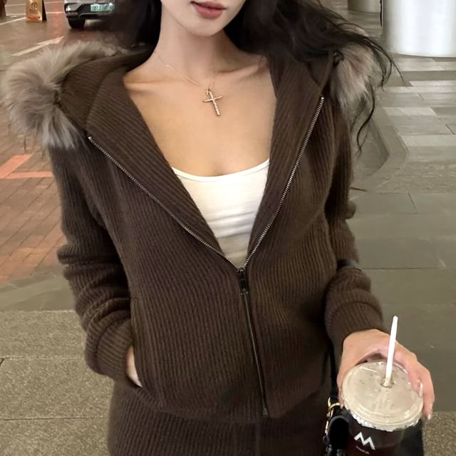 Drawstring Trim Skirt Pencil / Zip-Up Fluffy Hoodie Waist Knit Mini Plain