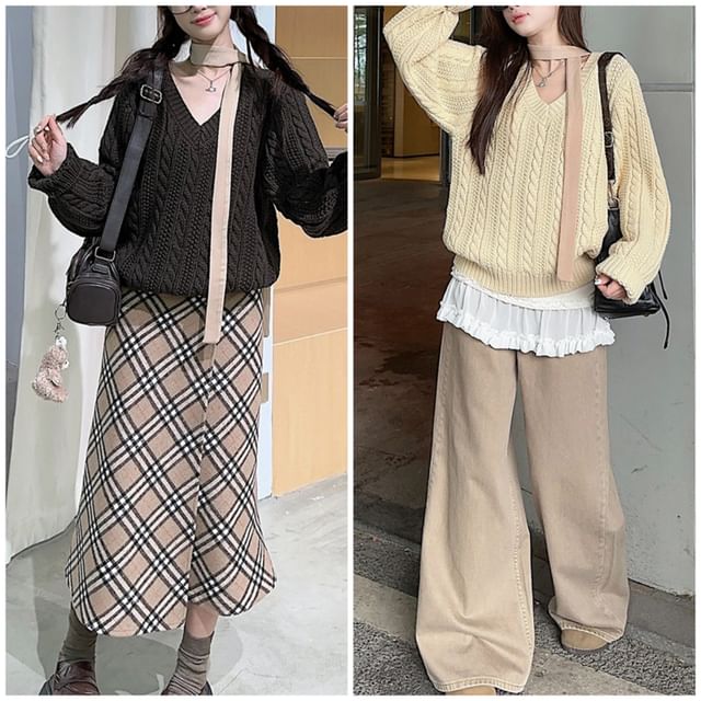 V-Neck Plain Cable Knit Sweater / Pants