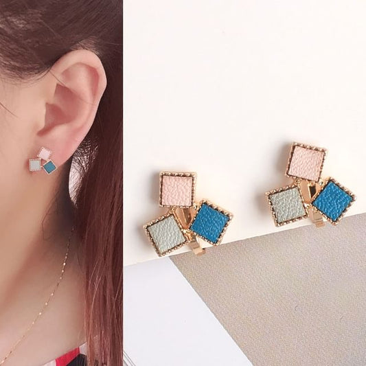 Square Alloy Earring Stud Faux Leather