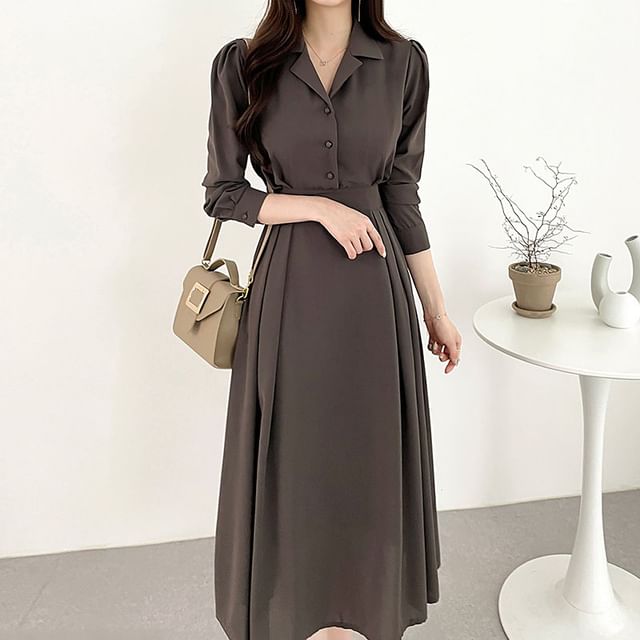 Long-Sleeve Plain Midi A-Line Shirt Dress