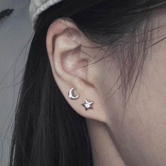 Rhinestone Star Silver Moon Earring Stud Asymmetrical S999