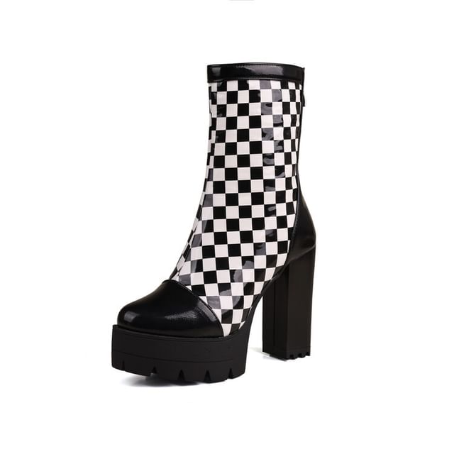 Heel Checkerboard Short Boots Block