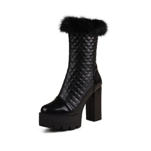 Short Block Trim Quilted Heel Furry Boots
