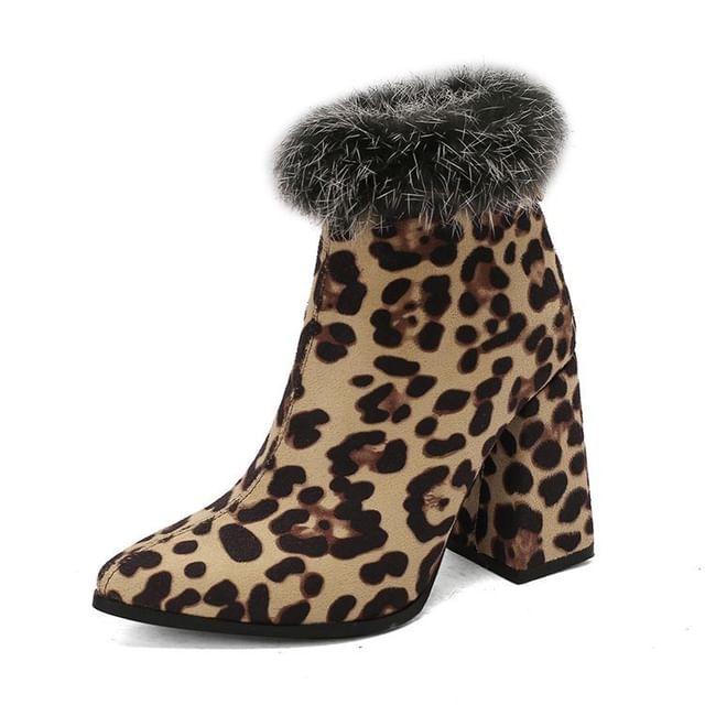 Heel Boots Block Leopard Trim Short Print Furry