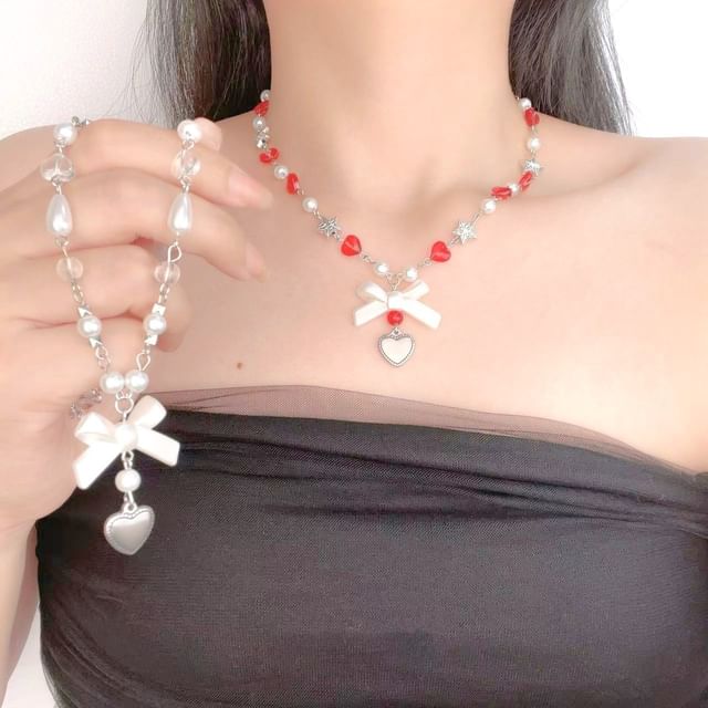 Bow Faux Pearl Heart Necklace
