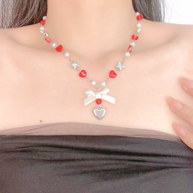 Bow Faux Pearl Heart Necklace