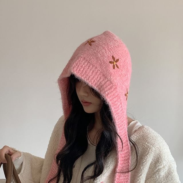 Hat Floral Embroidered Knit Bonnet