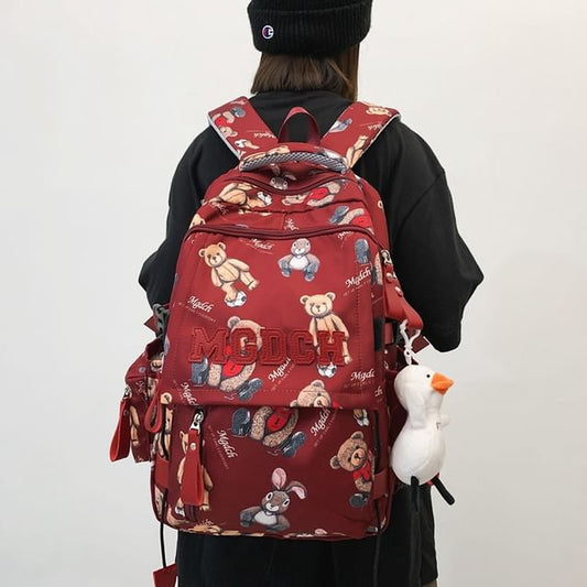 Set / Laptop Backpack Bear Nylon Tote Print Charm Applique Lettering Bag