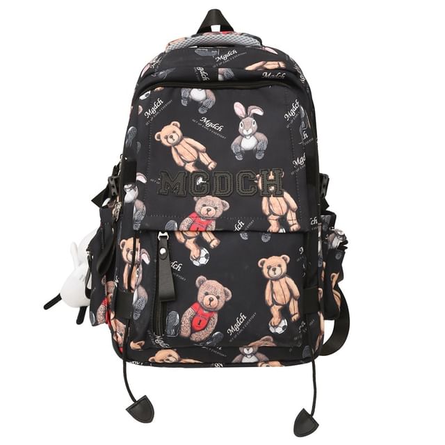 Set / Laptop Backpack Bear Nylon Tote Print Charm Applique Lettering Bag