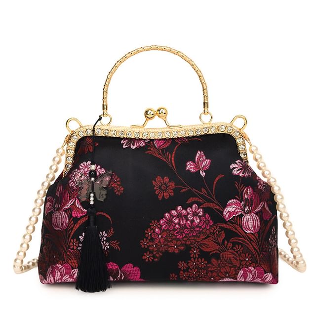 Embroidered Crossbody Bag Floral Kiss Pearl Strap Lock Tassel Faux