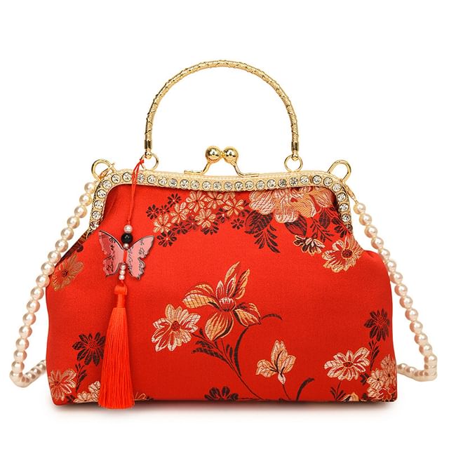 Embroidered Crossbody Bag Floral Kiss Pearl Strap Lock Tassel Faux