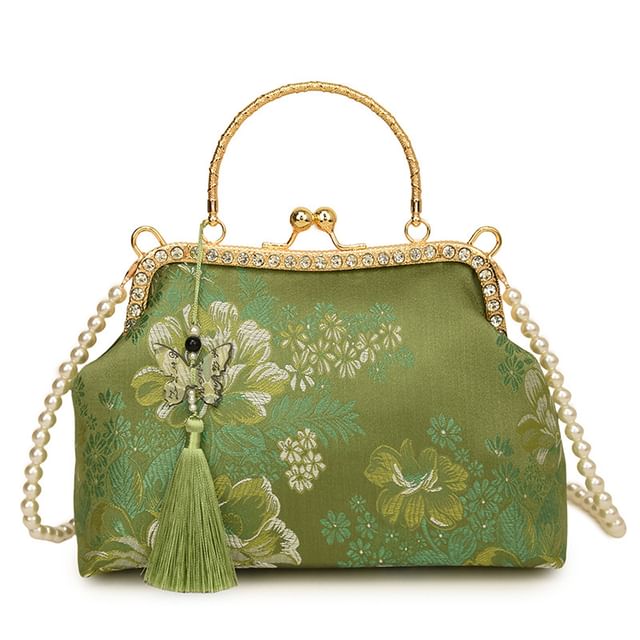 Embroidered Crossbody Bag Floral Kiss Pearl Strap Lock Tassel Faux
