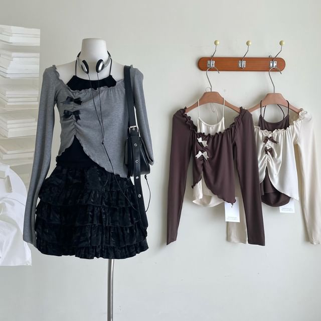 Top Crop Set Long-Sleeve Square Halter A-Line Asymmetrical Mini / Skirt Neck