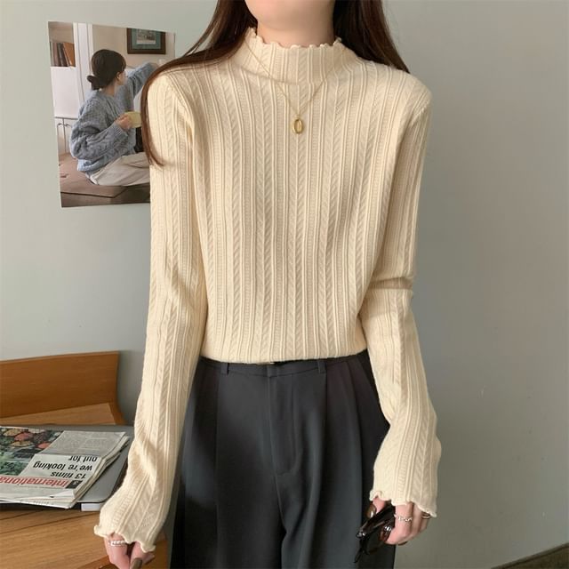 Long-Sleeve Mock Neck Plain Jacquard Lettuce Edge Knit Top