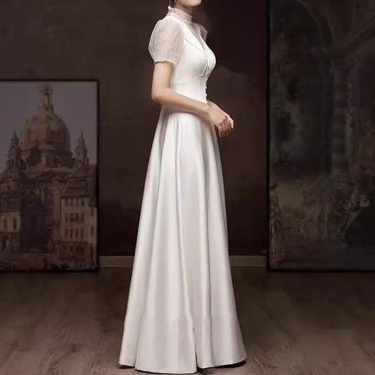 Short Sleeve Polka Dot Sheer Panel A-Line Wedding Gown
