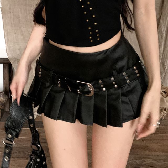 / Pleated Top Mini Plain Rise Belted Faux Studded Skirt Halter A-Line Leather Mid