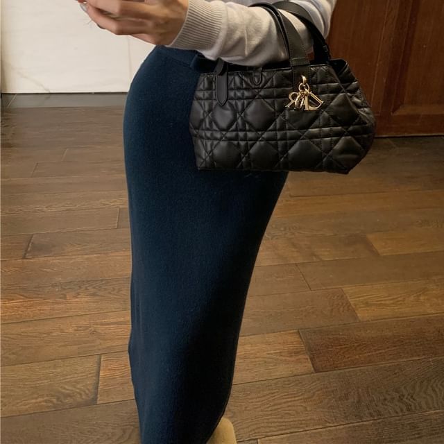 High Pencil / Sleeve Long Plain Bow Top Rise Knit Maxi Skirt V-Neck