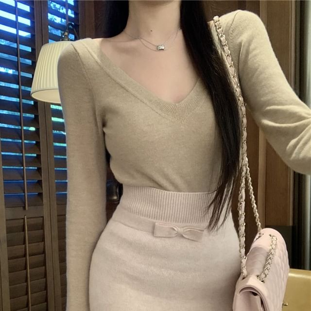 High Pencil / Sleeve Long Plain Bow Top Rise Knit Maxi Skirt V-Neck