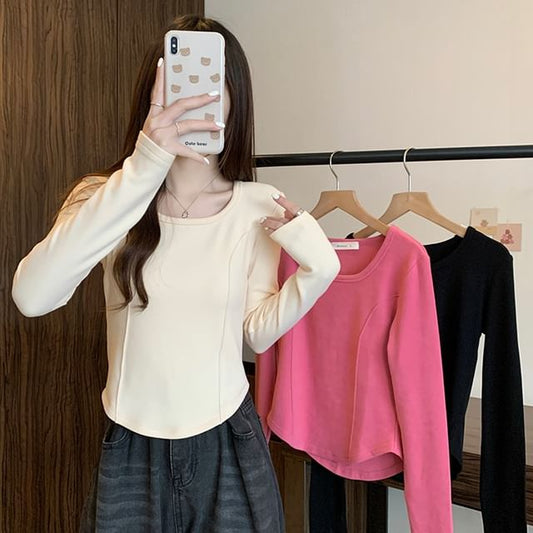 Long-Sleeve Square Neck Plain T-Shirt