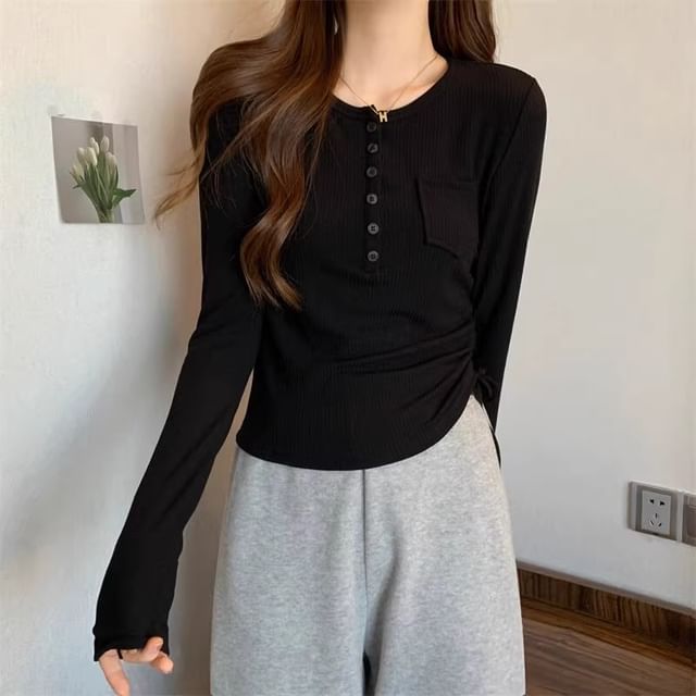 Long-Sleeve Half Buttoned Plain Top