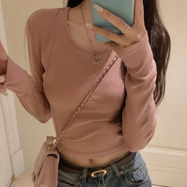 Long-Sleeve Crewneck Plain Crop T-Shirt