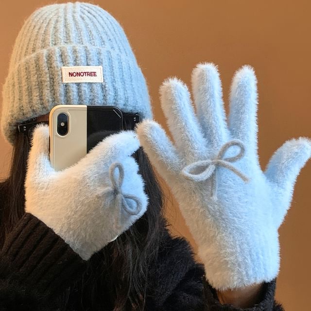 Gloves Knit Bow Fluffy