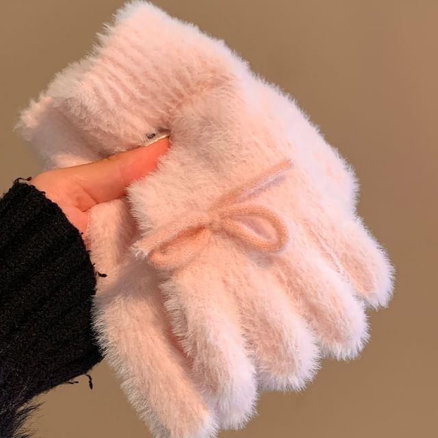 Gloves Knit Bow Fluffy