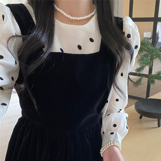 Long-Sleeve Crew Neck Dotted Blouse / Square Neck Plain Velvet Mini A-Line Jumper Dress