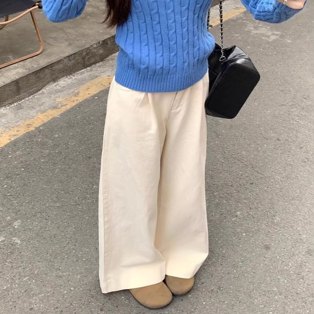 V-Neck Plain Cable Knit Sweater / High Waist Wide Leg Pants