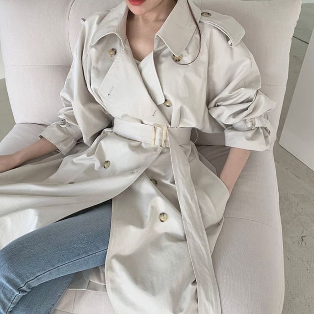 Collared Plain Back Slit Midi Double Breasted Trench Coat