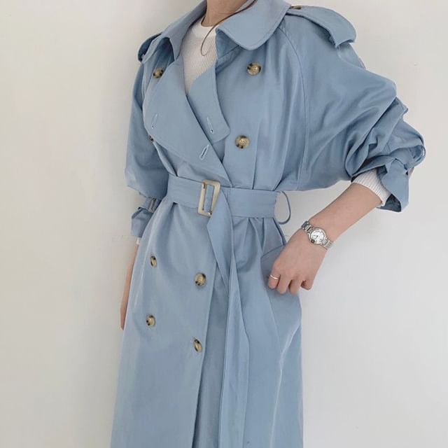 Collared Plain Back Slit Midi Double Breasted Trench Coat