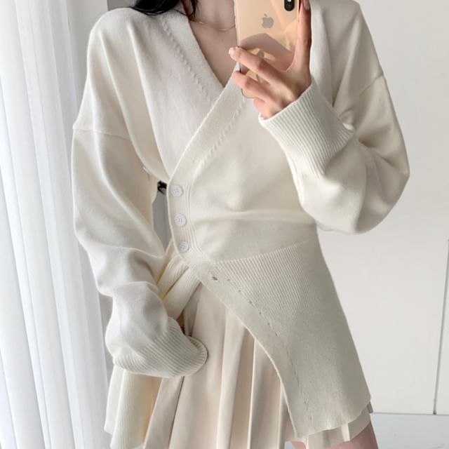 V-Neck Plain Button Wrap Sweater