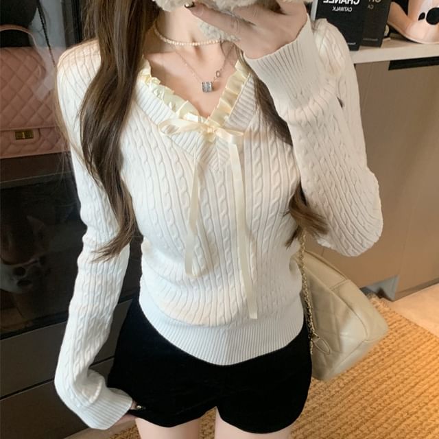 Long-Sleeve V-Neck Bow Accent Frill Trim Cable Knit Top