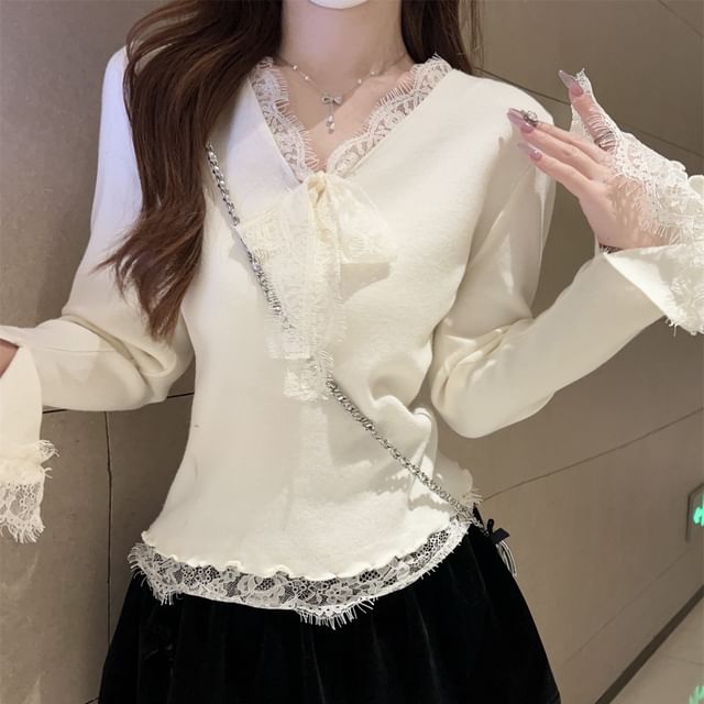 Long-Sleeve V-Neck Lace Panel Tie Front Slim Fit Knit Top