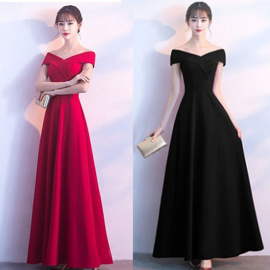 Off Shoulder Short Sleeve V-Neck Plain A-Line Evening Gown