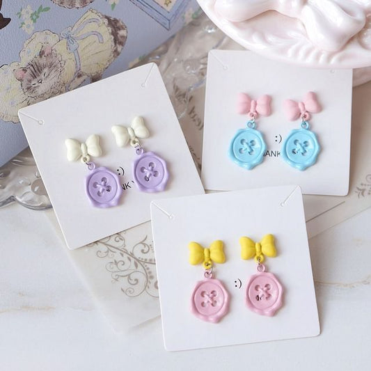 / Earring Clip-On Drop Bow Button