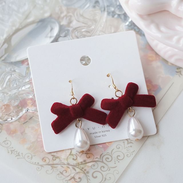 Drop Earring / Hook Bow Faux Clip-On Pearl