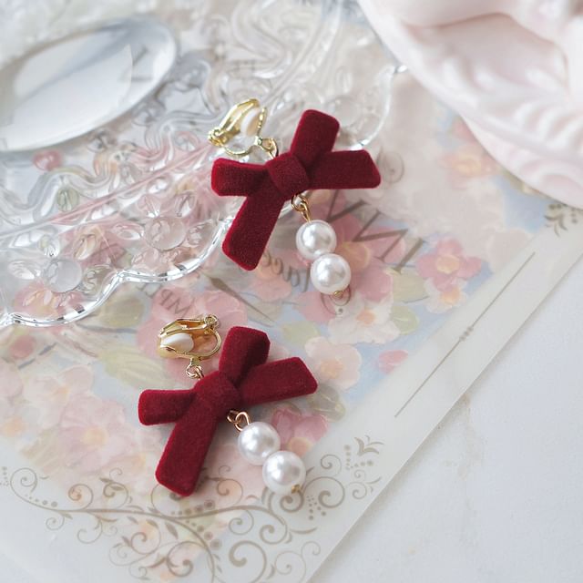 Drop Earring / Hook Bow Faux Clip-On Pearl