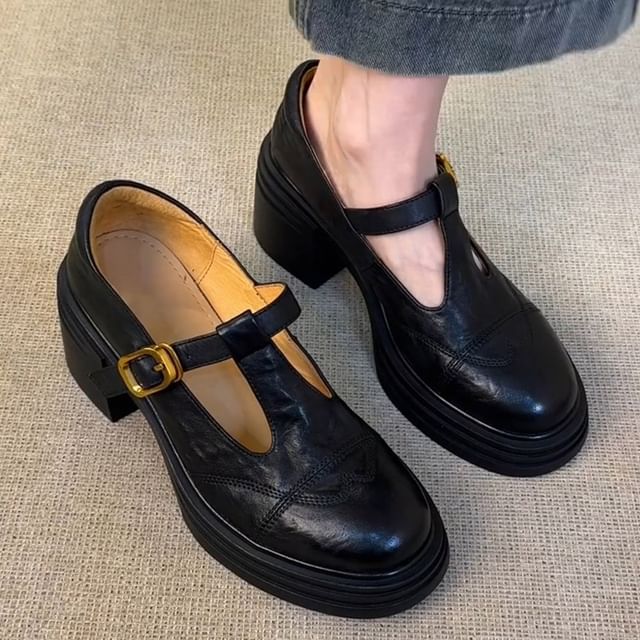 Faux Platform Leather Mary T-Strap Jane Shoes Plain