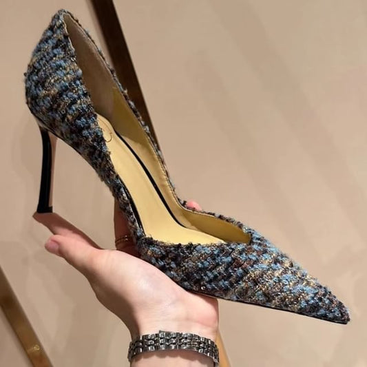 Sequin Stiletto Toe Pointed Pumps Tweed