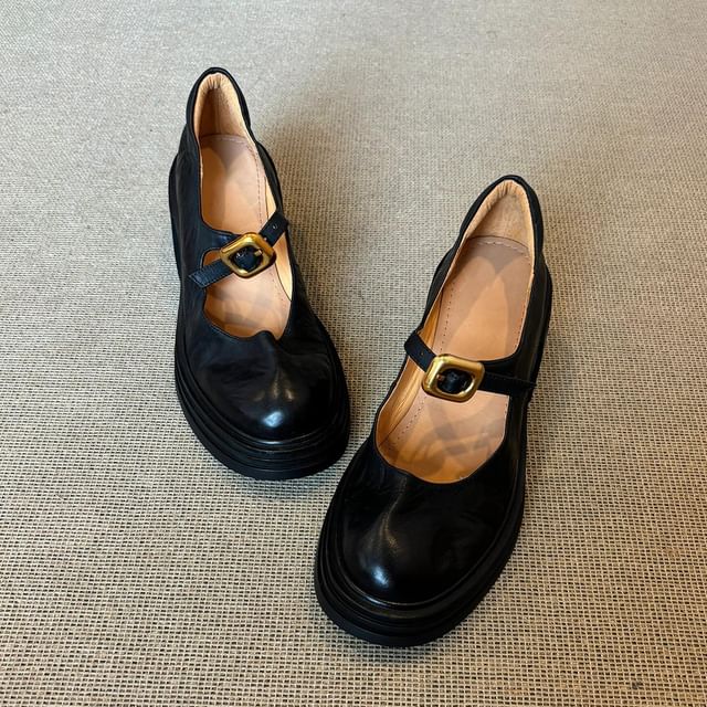 Faux Jane Shoes Buckled Heel Leather Plain Chunky Mary