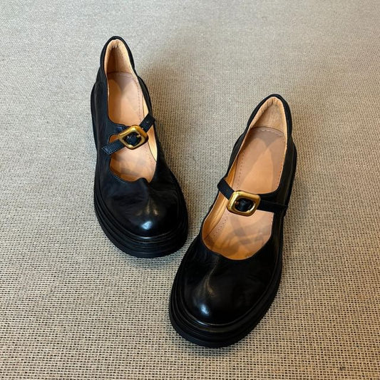 Faux Jane Shoes Buckled Heel Leather Plain Chunky Mary