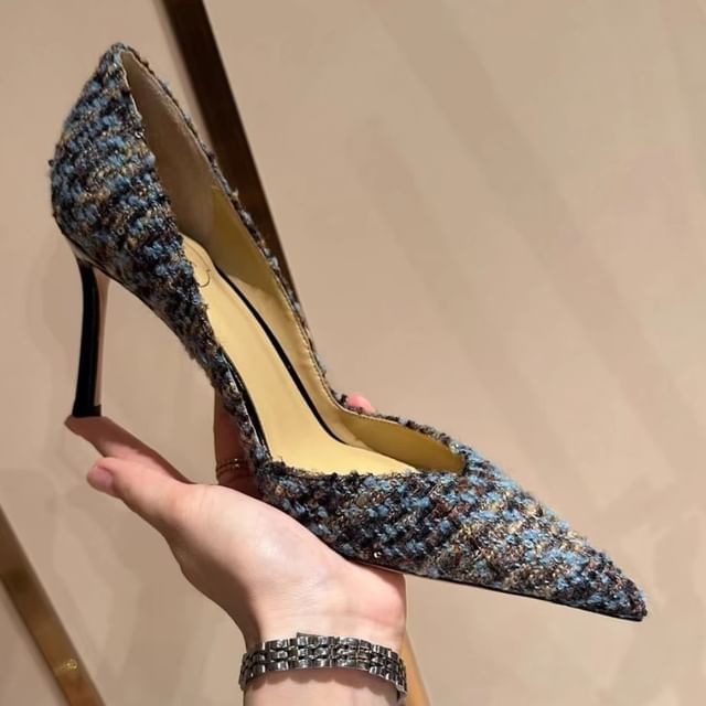 Sequin Stiletto Toe Pointed Pumps Tweed