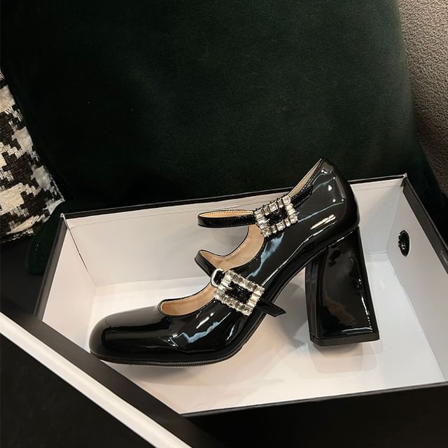 Rhinestone Pumps Patent Buckled Heel Mary Chunky Leather Jane