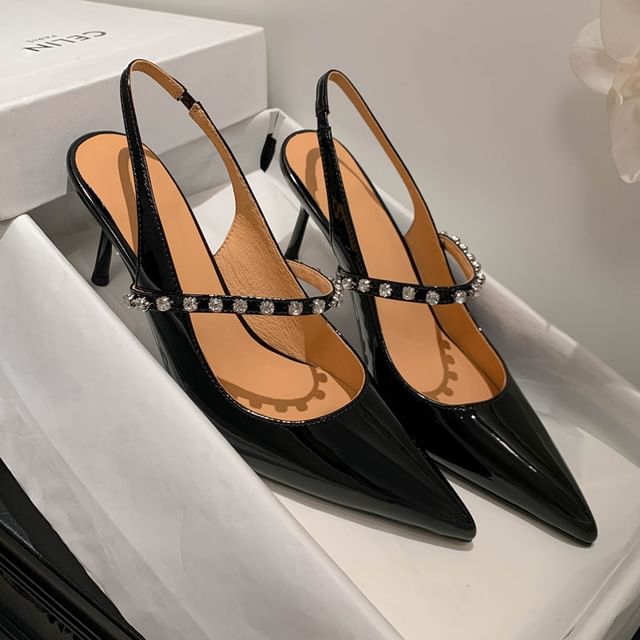 Accent Leather Toe Slingback Rhinestone Stiletto Pointed Sandals Patent
