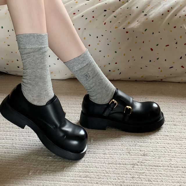 Monk Shoes Leather Strap Platform Plain Faux